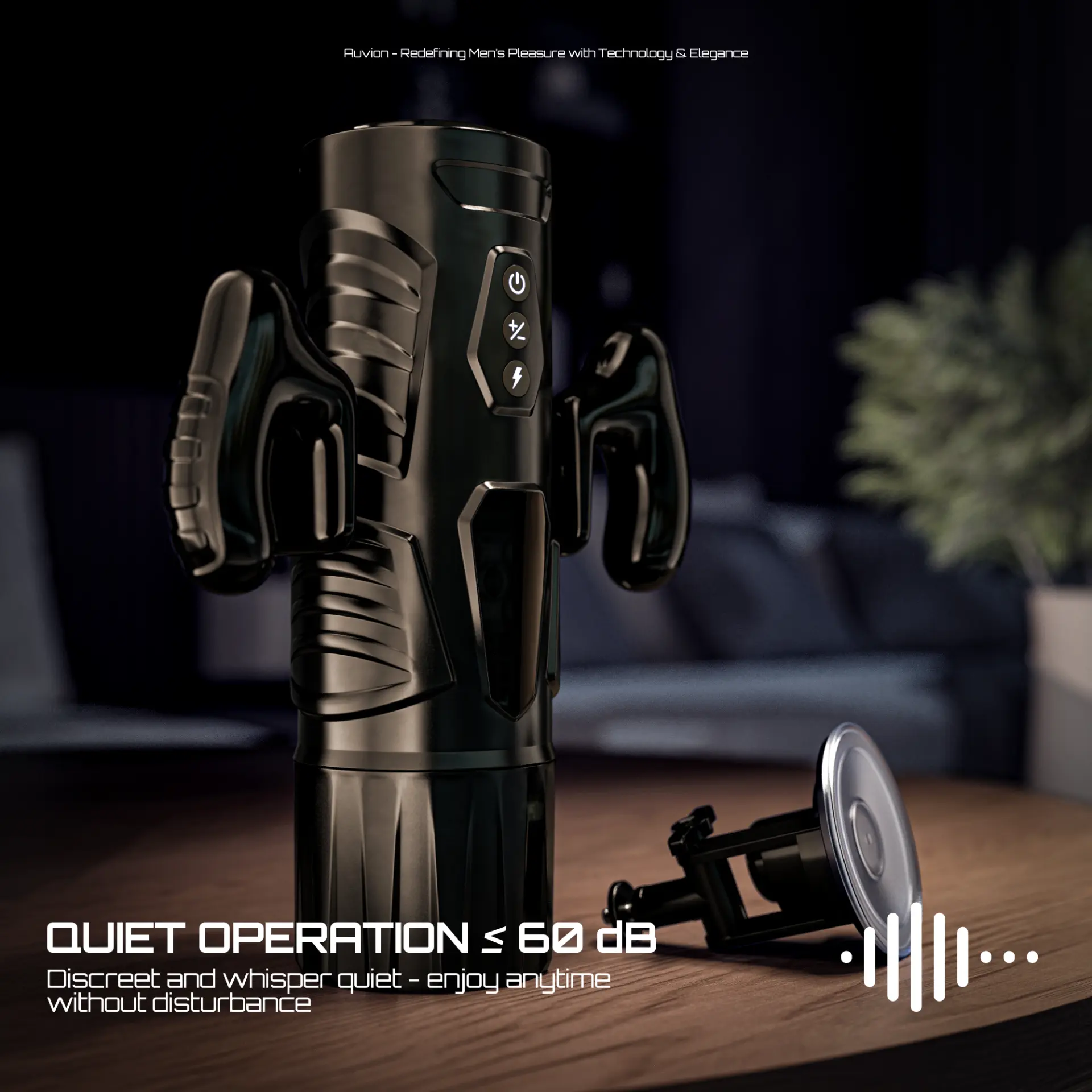 Auvion resting on a wooden table in a dimly lit living room, whisper quiet operation