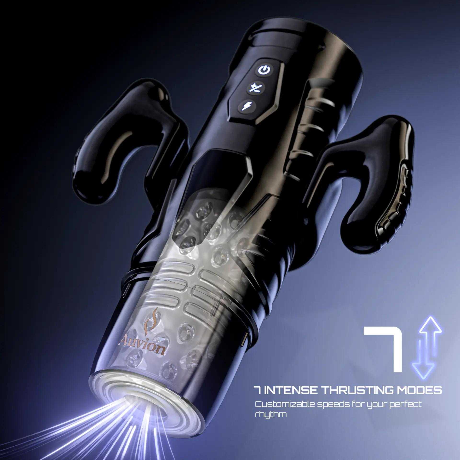 Auvion stroker shown at an angle with illuminated interior and seven thrusting modes
