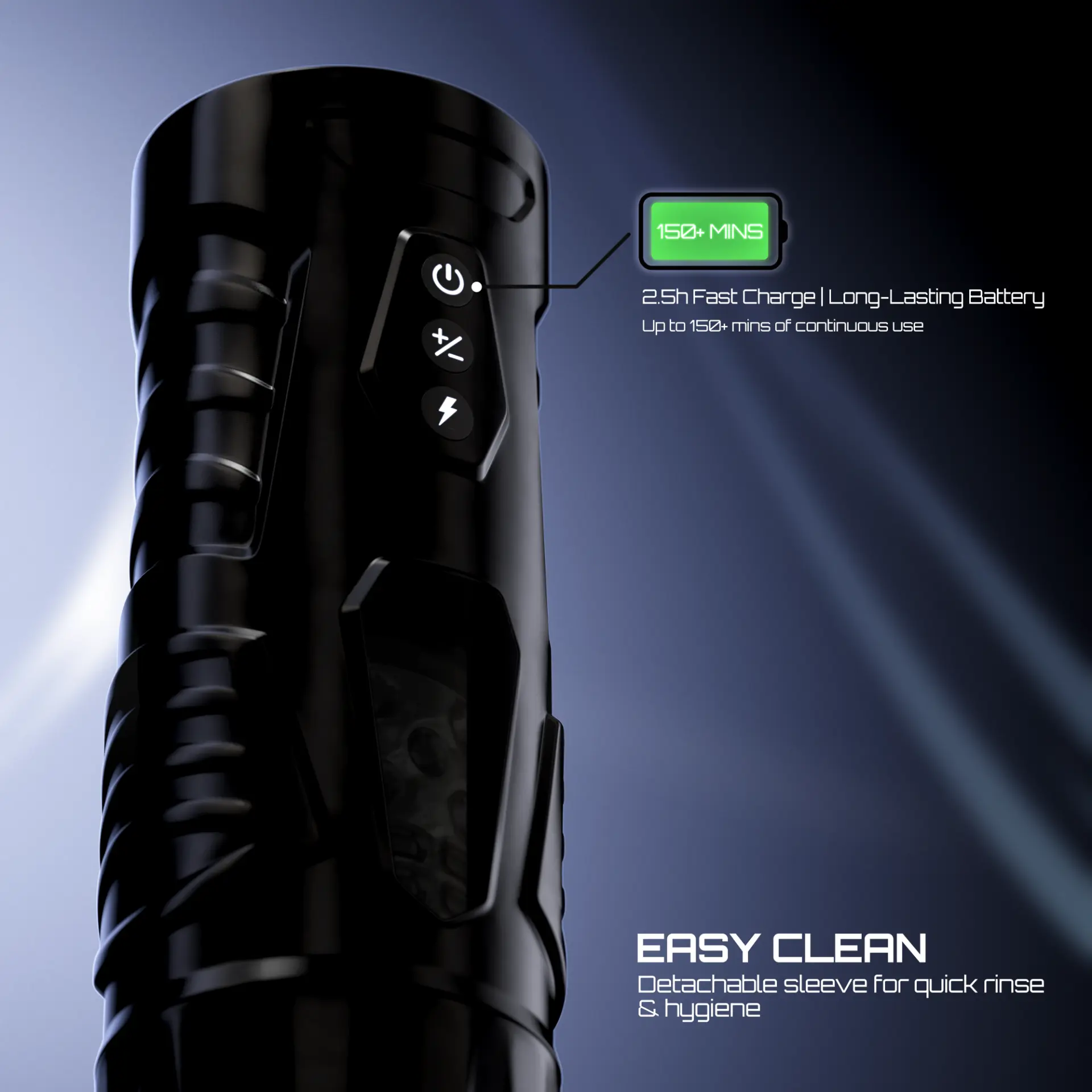 Close-up of the Auvion control buttons and textured body