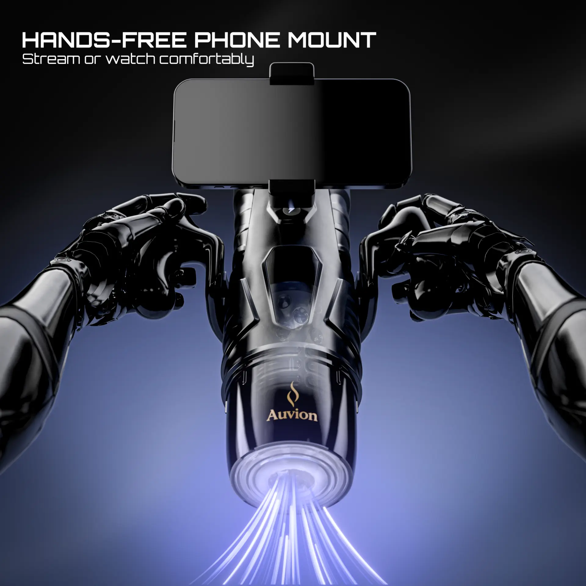 Auvion held with a phone mounted on the hands-free phone mount